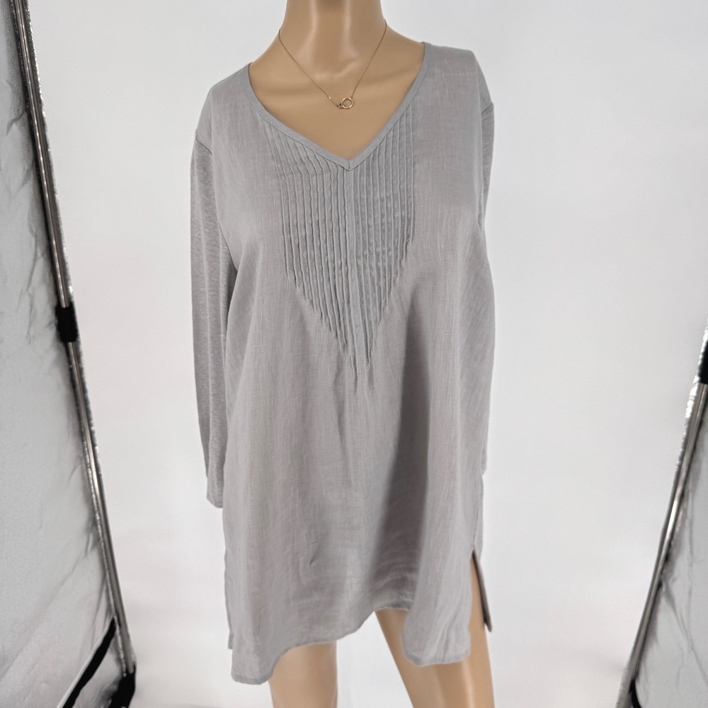 J. Jill Love Linen Gray Pin-tuck V-Neck Tunic  Women's Medium 100% Linen